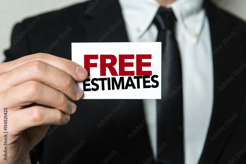 Business man holding a card with the text: Free Estimates Business man holding a card with the text: Free Estimates