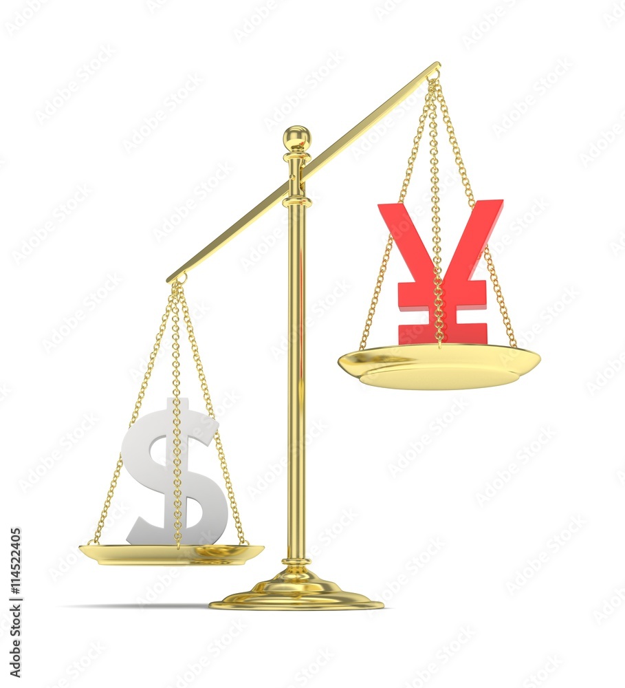 Isolated old fashioned pan scale with dollar and yuan,yen on white background. American and chinese and japanese currency. Dollar is heavier. Silver usd, red yuan. 3D rendering. Isolated old fashioned pan scale with dollar and yuan,yen on white background. American and chinese and japanese currency. Dollar is heavier. Silver usd, red yuan. 3D rendering.