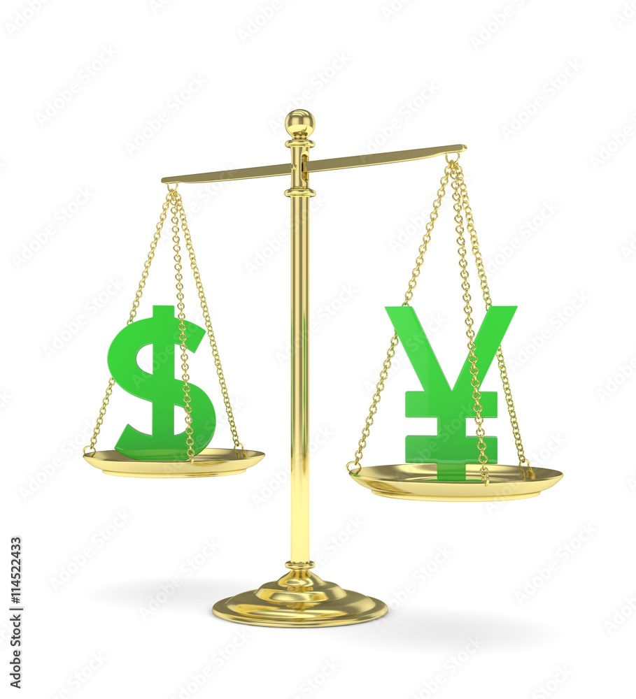 Isolated old fashioned pan scale with dollar and yuan,yen on white background. American and chinese and japanese currency. Currency equality. Green money. 3D rendering. Isolated old fashioned pan scale with dollar and yuan,yen on white background. American and chinese and japanese currency. Currency equality. Green money. 3D rendering.