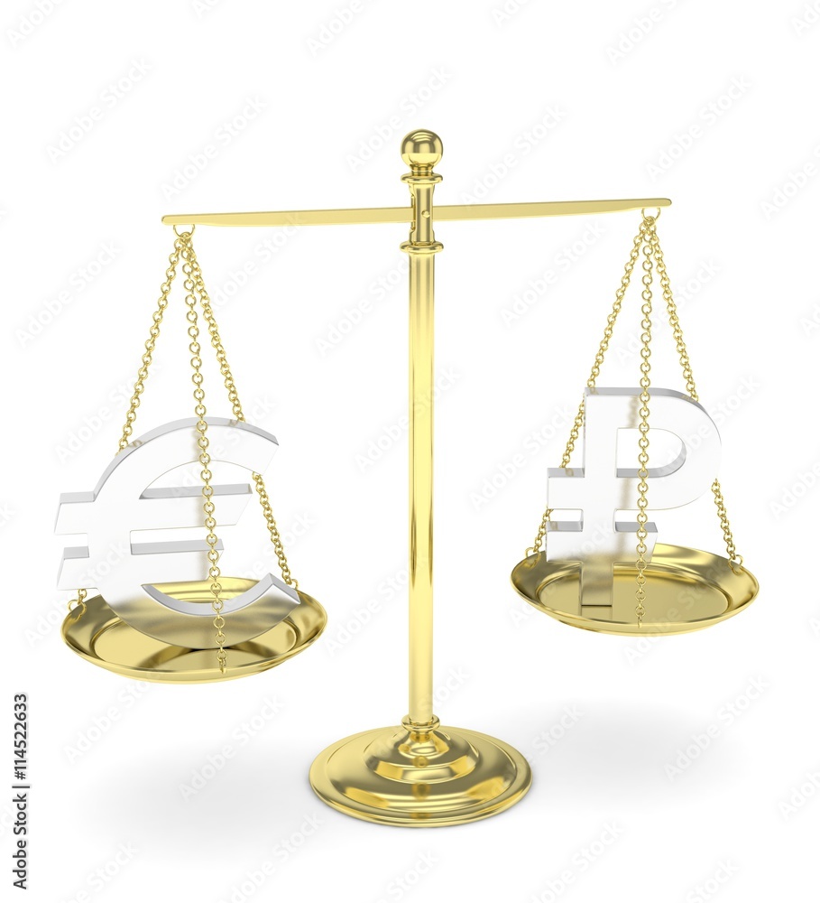 Isolated golden scales with silver euro and ruble currency. Russian and european finance. Measuring of market stability. 3D rendering. Isolated golden scales with silver euro and ruble currency. Russian and european finance. Measuring of market stability. 3D rendering.