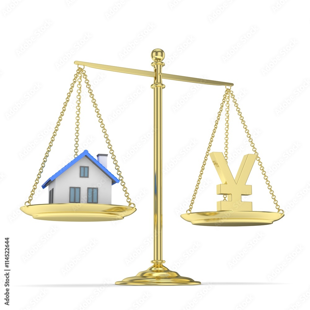Isolated golden scales with golden yuan and house on white background. Investment or savings concept. Real estate and currency. 3D rendering. Isolated golden scales with golden yuan and house on white background. Investment or savings concept. Real estate and currency. 3D rendering.