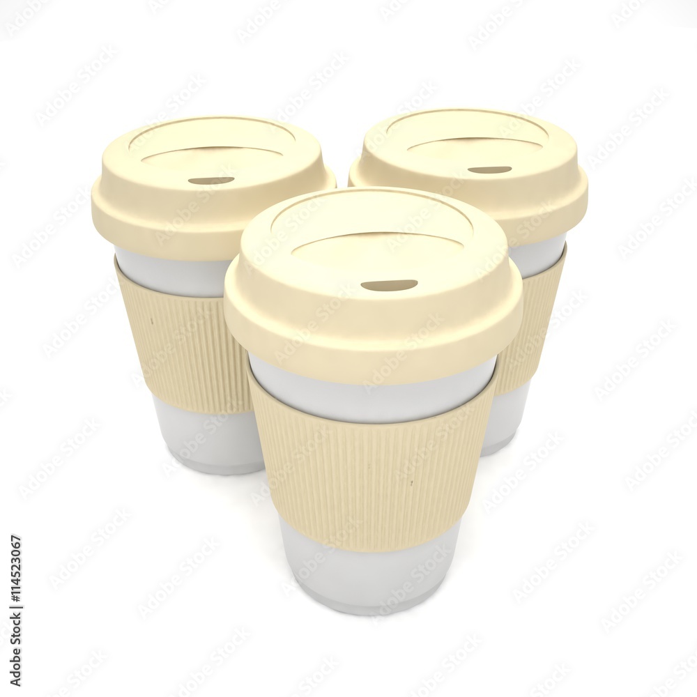 Three paper coffee cups. 3d rendering. Three paper coffee cups. 3d rendering.