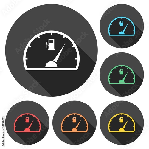 Fuel gauge icons set with long shadow