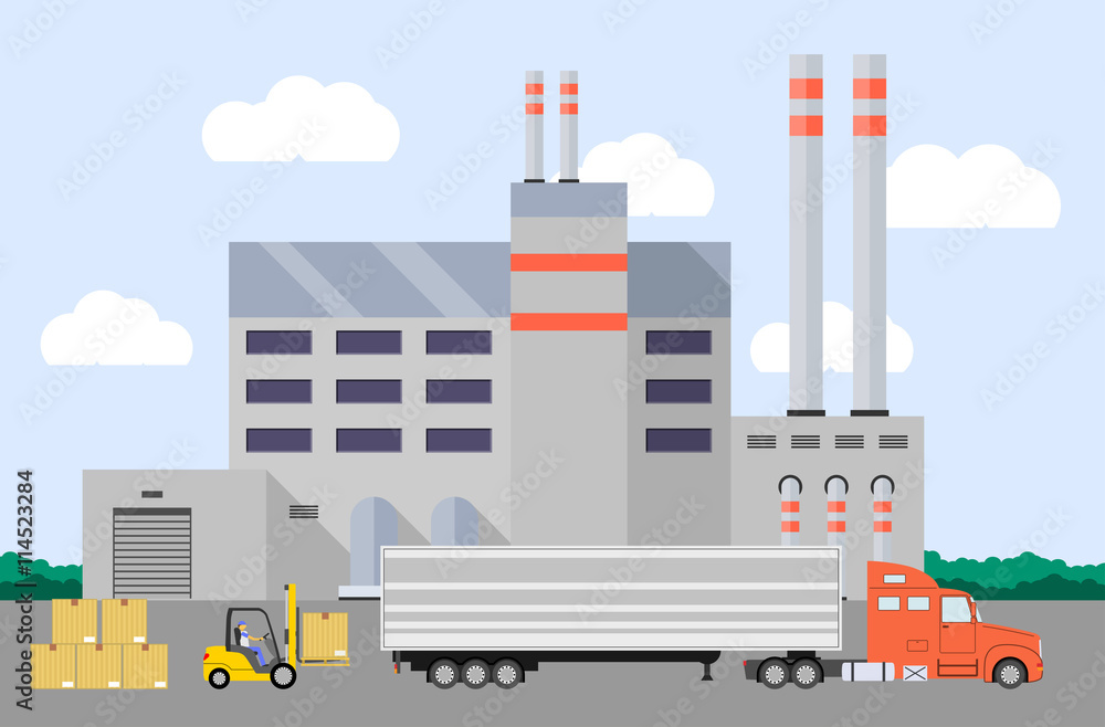 Truck and forklift loader near factory. Cargo loading. Industry product loading into truck. Vector illustration.