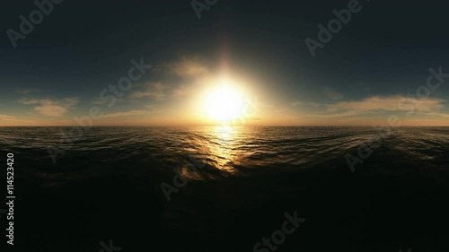 panoramic fly above the ocean at sunset. made with one 360 degree lense on moving camera without any seams. ready for 360 virtual reality