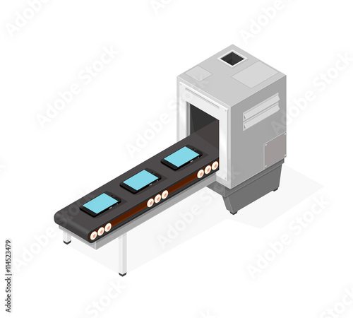 Isometric vector illustration of a factory producing smart devices.
Smart phone and tablet production - Manufacturing factory machine.