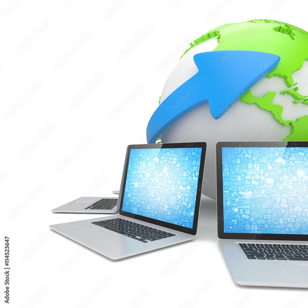 Laptop network around earth globe. 3d render Laptop network around earth globe. 3d render