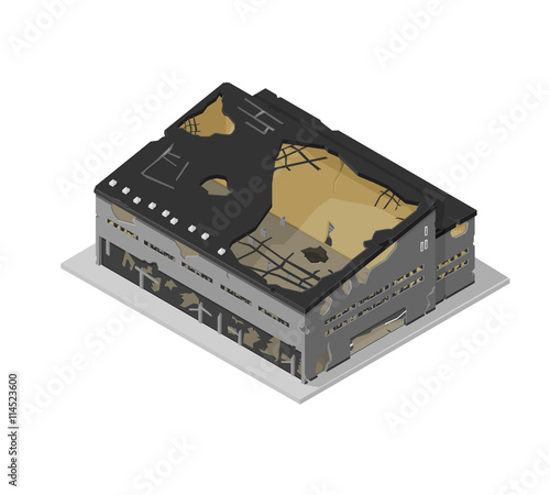 A vector illustration of a damaged factory building icon. 
Isometric industrial building destroyed by war or a natural disaster - Demolished architecture icon.