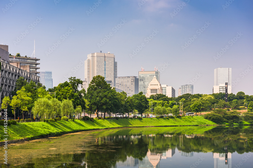 Tokyo, Japan cityscape on the Imperial Moat with the National Diet Building.