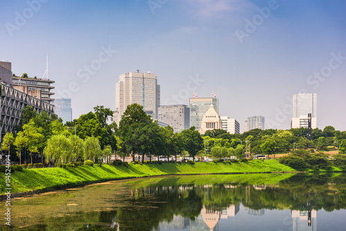 Tokyo  Japan cityscape on the Imperial Moat with the National Diet Building.