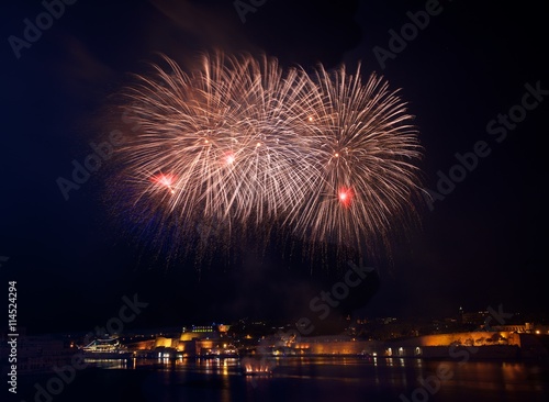 Colourful fireworks in Valletta, Malta. Fireworks festival 2016 in Malta, 4 July, Independence, New Year