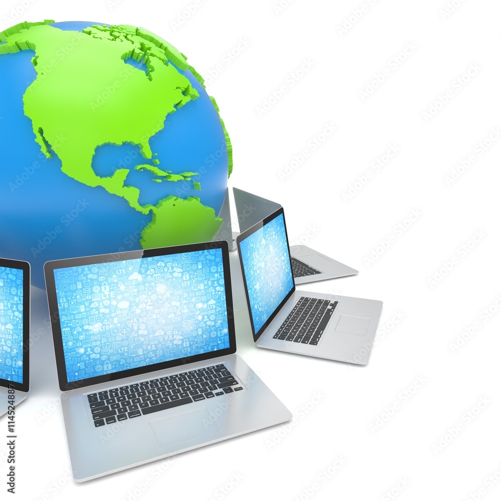 Laptop network around earth globe. 3d render