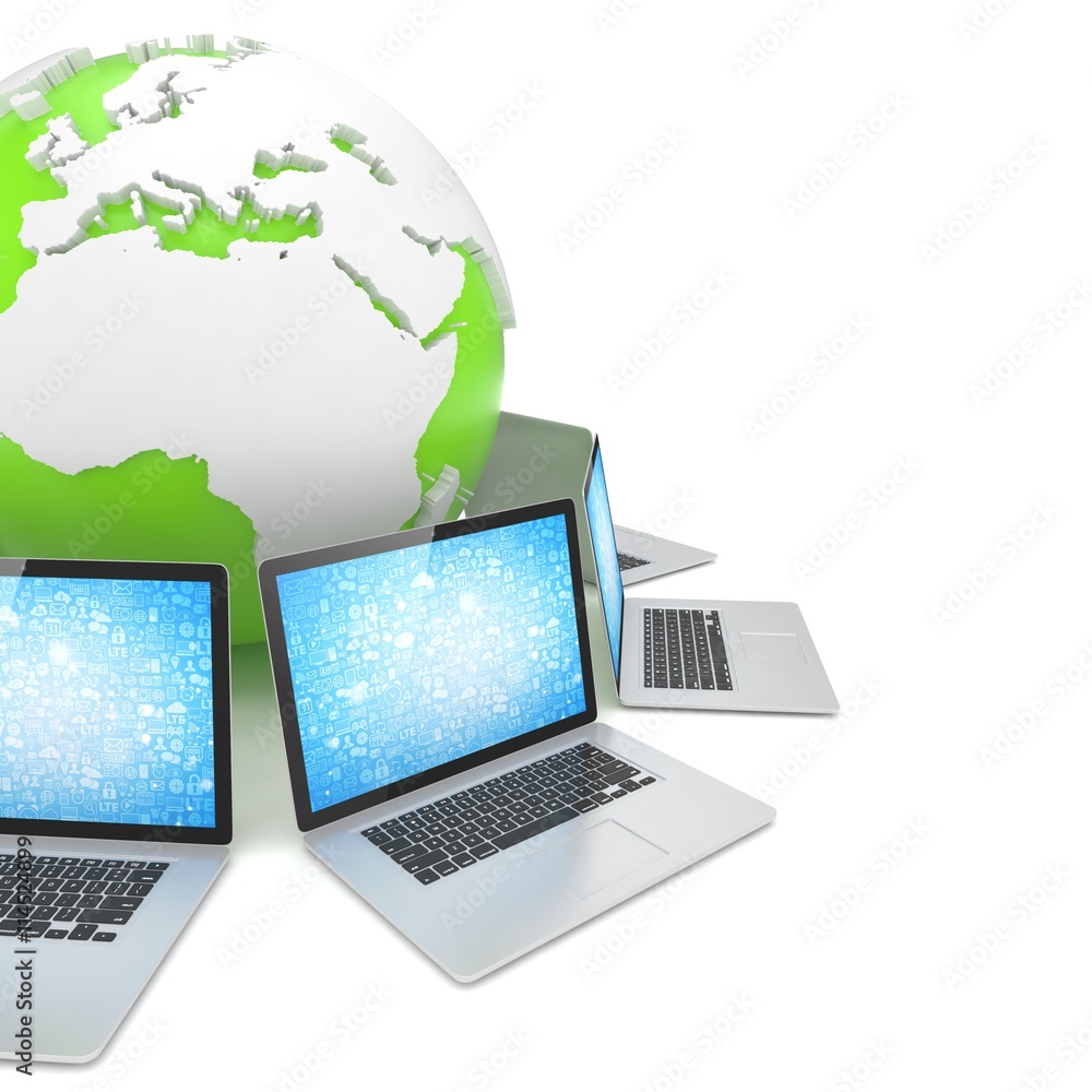 Laptop network around earth globe. 3d render Laptop network around earth globe. 3d render
