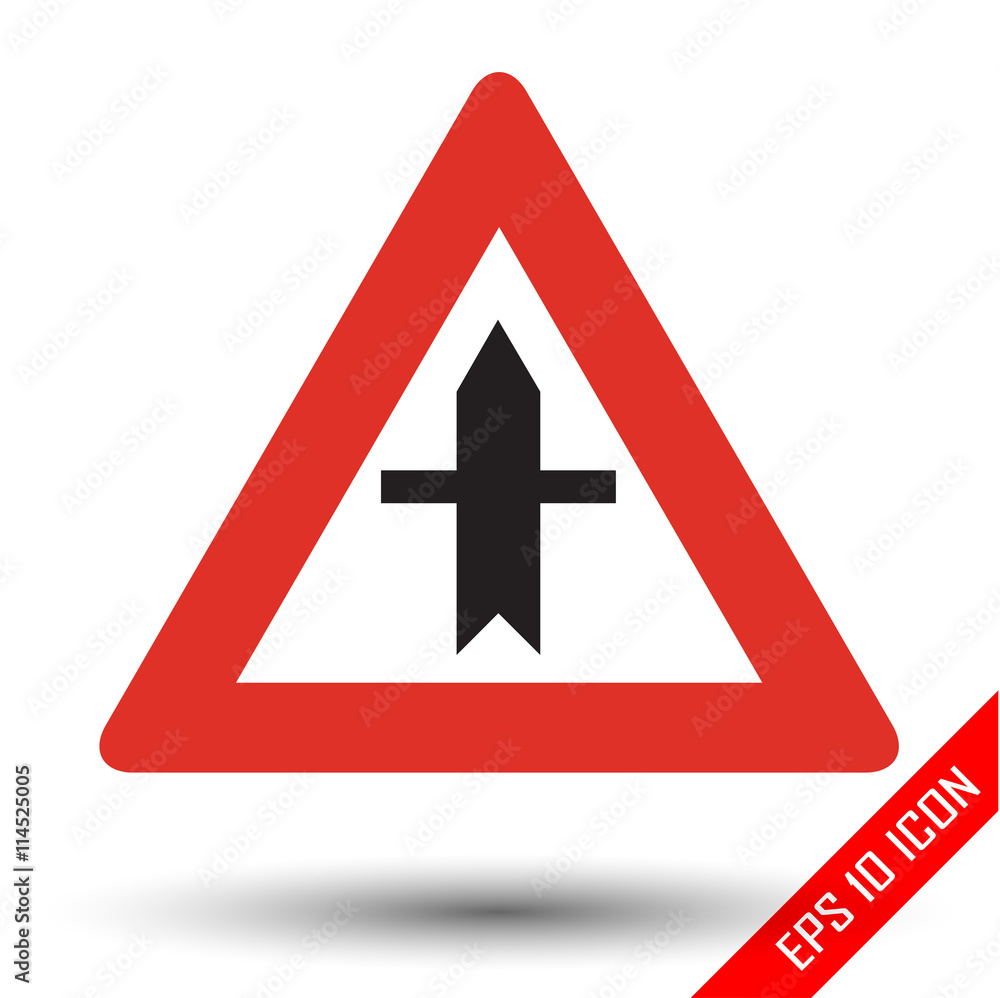 Intersection with a secondary road sign. Vector illustration of triangular sign for Intersection with a secondary road traffic sign isolated on white background. Intersection with a secondary road sign. Vector illustration of triangular sign for Intersection with a secondary road traffic sign isolated on white background.