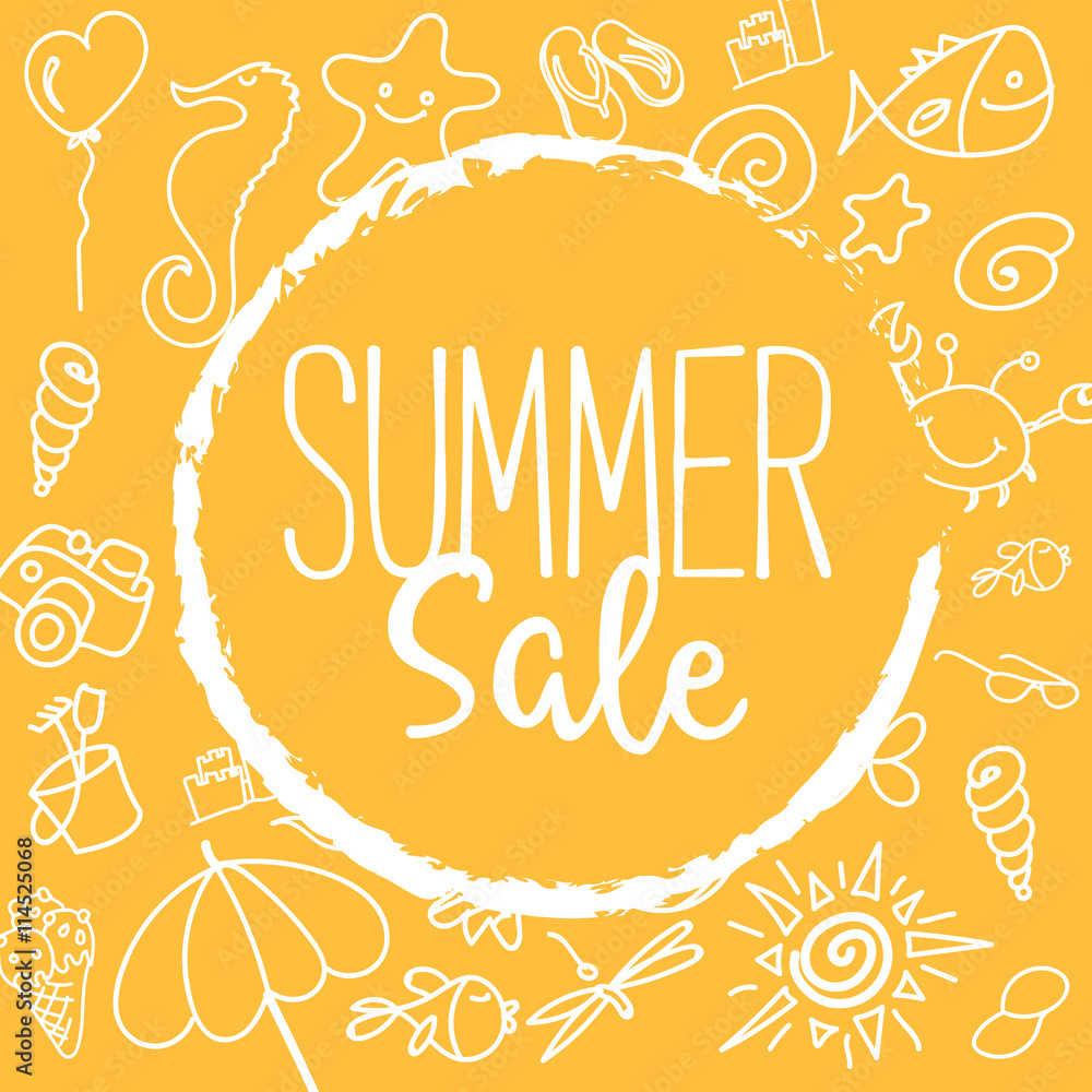 Summer Sale Vector Illustration. Text on a Orange Badge and a Background full of Summer Elements.