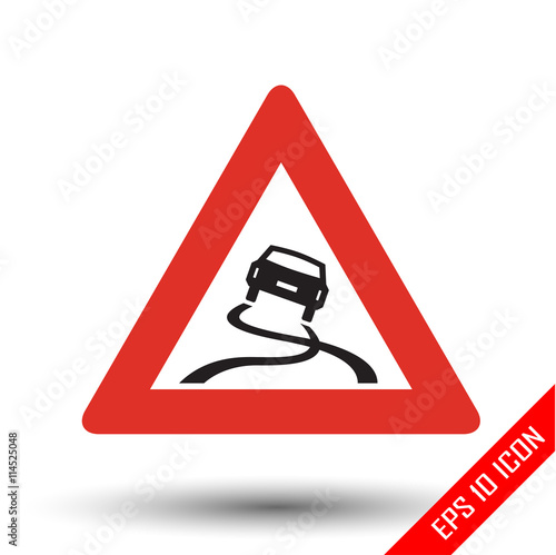 Slippery road traffic sign. Vector illustration of triangular sign for slippery road sign isolated on white background.