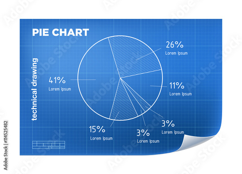 Technical wireframe Illustration with pie chart drawing on the blueprint.