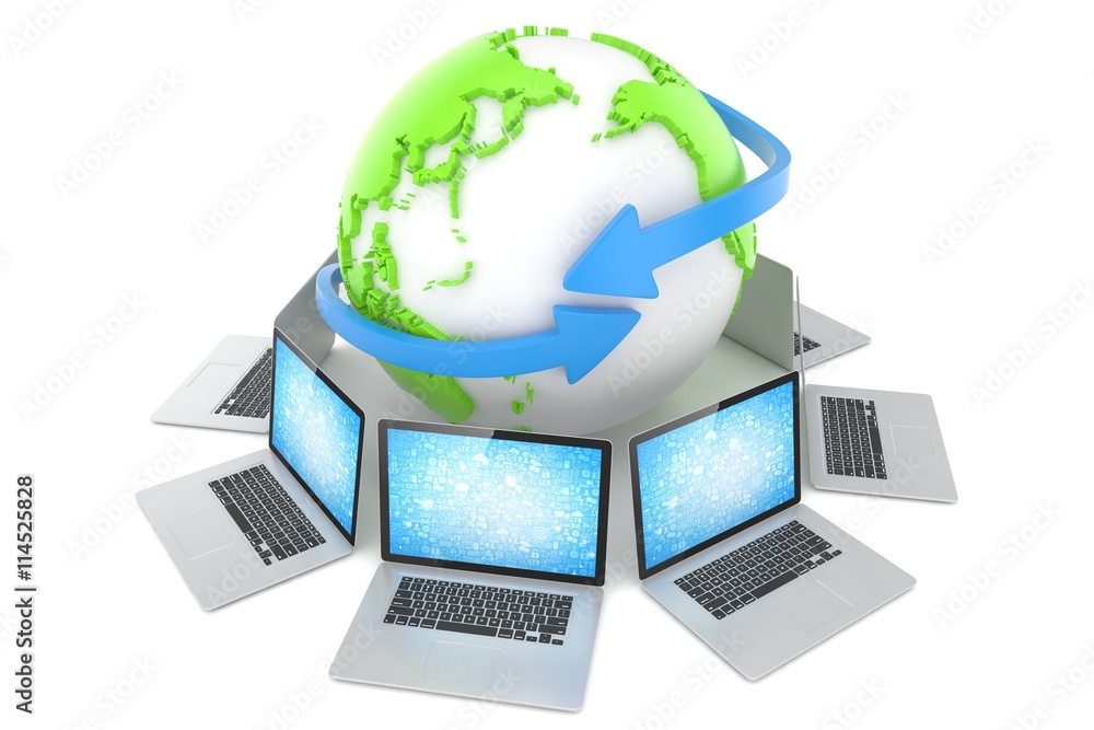 Laptop network around earth globe. 3d render Laptop network around earth globe. 3d render
