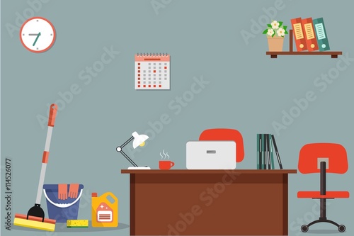Cleaning at office concept. Vector flat illustration. Objects for cleaning of the room at office. On the picture the mop, a bucket, detergent near a workplace of office employee are presented
