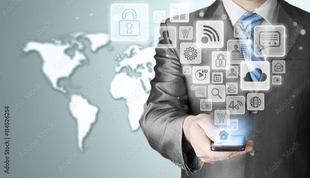 Business man using smart phone with social media icon set Business man using smart phone with social media icon set