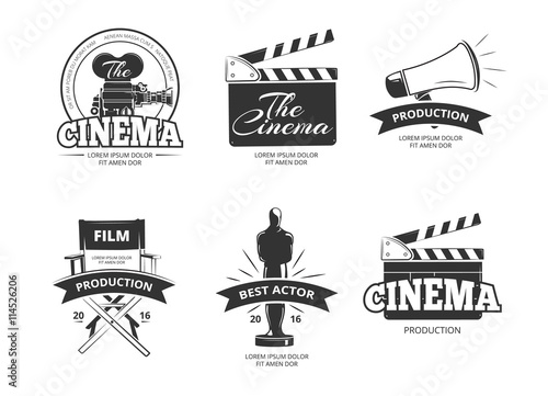 Cinema vector vintage labels, emblems, badges set