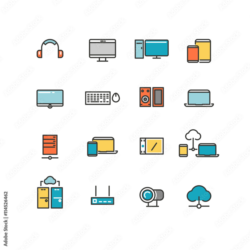 Home and office appliances. Personal electronics multimedia devices. Linear vector color icons set Home and office appliances. Personal electronics multimedia devices. Linear vector color icons set