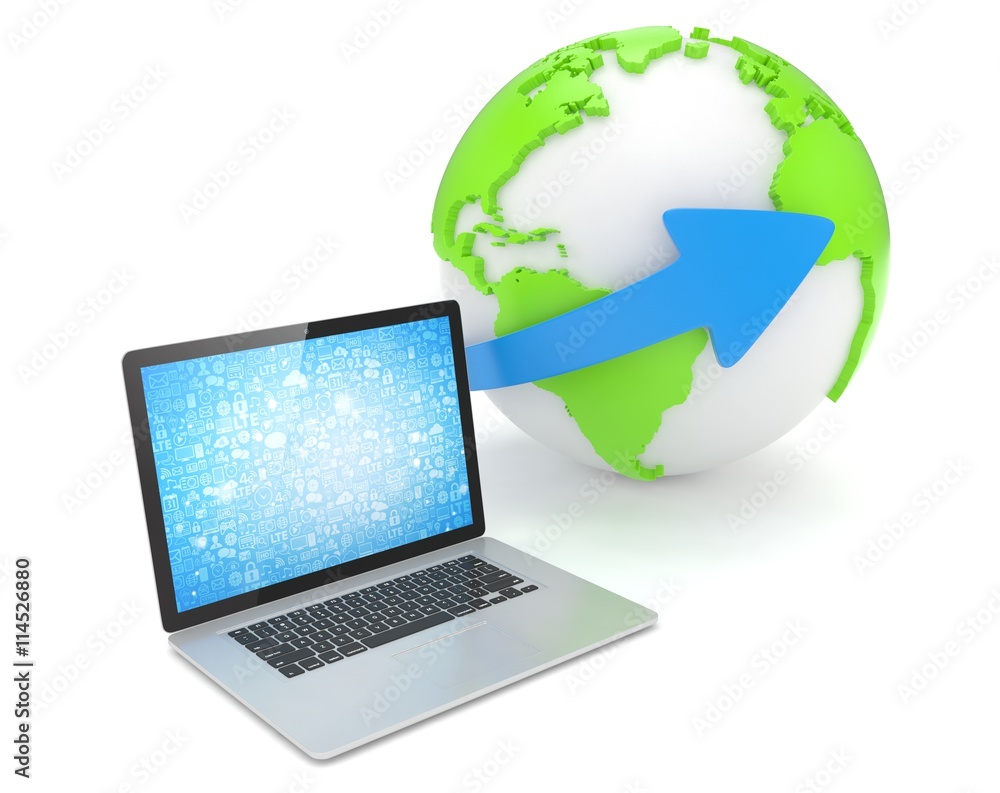 Laptop network and earth globe. 3d render