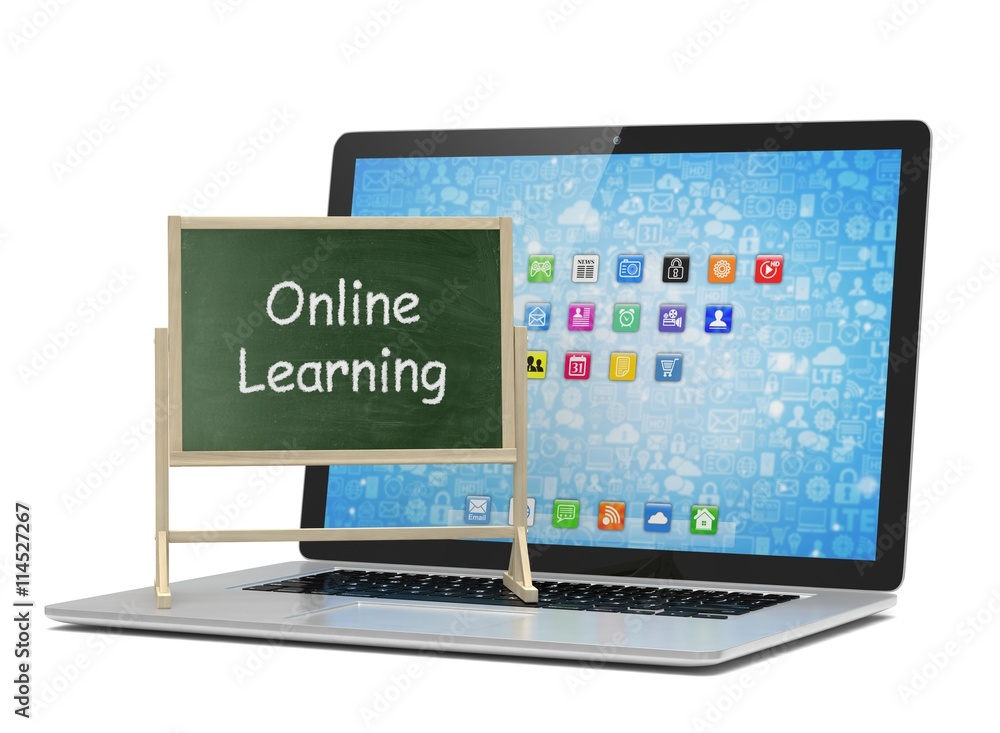 Laptop with chalkboard, online education concept. 3d rendering. Laptop with chalkboard, online education concept. 3d rendering.