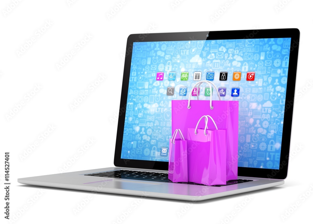 laptop and shopping pags on white background. 3d rendering. laptop and shopping pags on white background. 3d rendering.