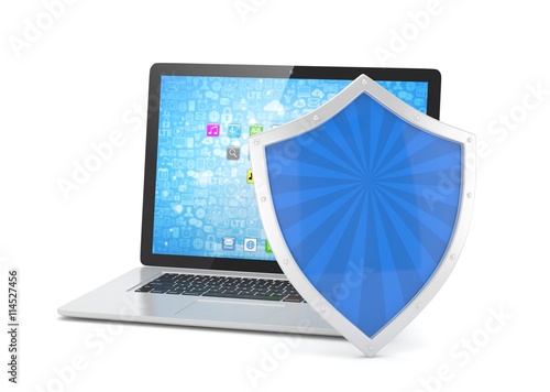 Free Download Laptop and shield on white, computer security concept. 3d rendering. - GFXLoad