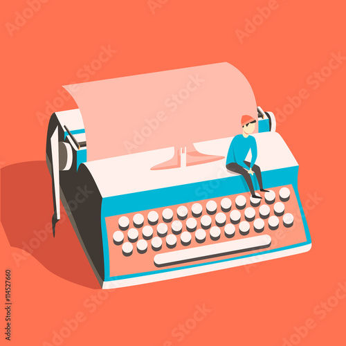 Man on vintage typewriter. Vector illustration. Isolated background
