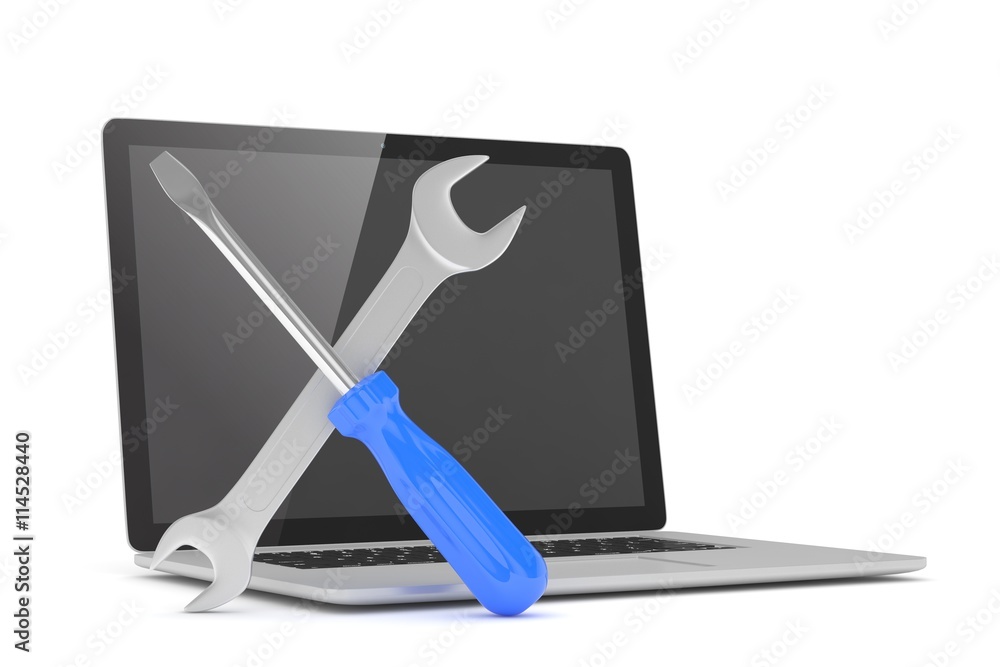 3D Illustration Wrench and screwdriver on laptop, service concept 3D Illustration Wrench and screwdriver on laptop, service concept