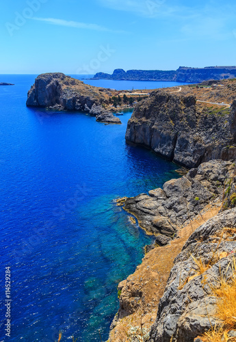 Aerial View at Saint Paul Bay from Lindos Rhodes island, Greece.