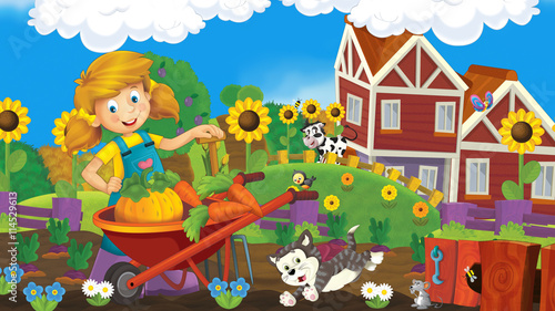 Cartoon farm scene - farm girl is working and having fun - illustration for children