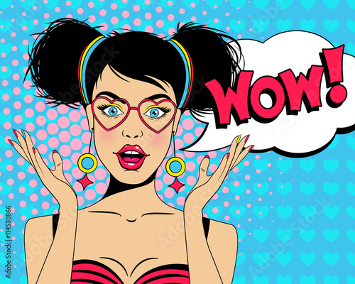 Wow pop art expression face. Sexy surprised brunette girl with open mouth, glasses and speech bubble. Vector colorful background in pop art retro comic style.