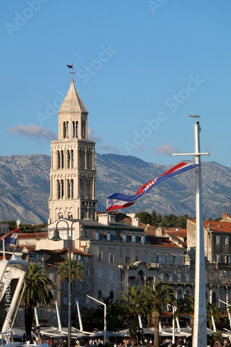 Saint Domnius bell tower and Croatian flag. Landmarks in Split, Croatia.