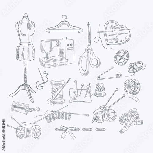 Tailor Shop Hand Drawn Equipment Set