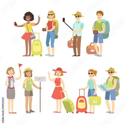 Happy Tourist With Bags And Cameras Set