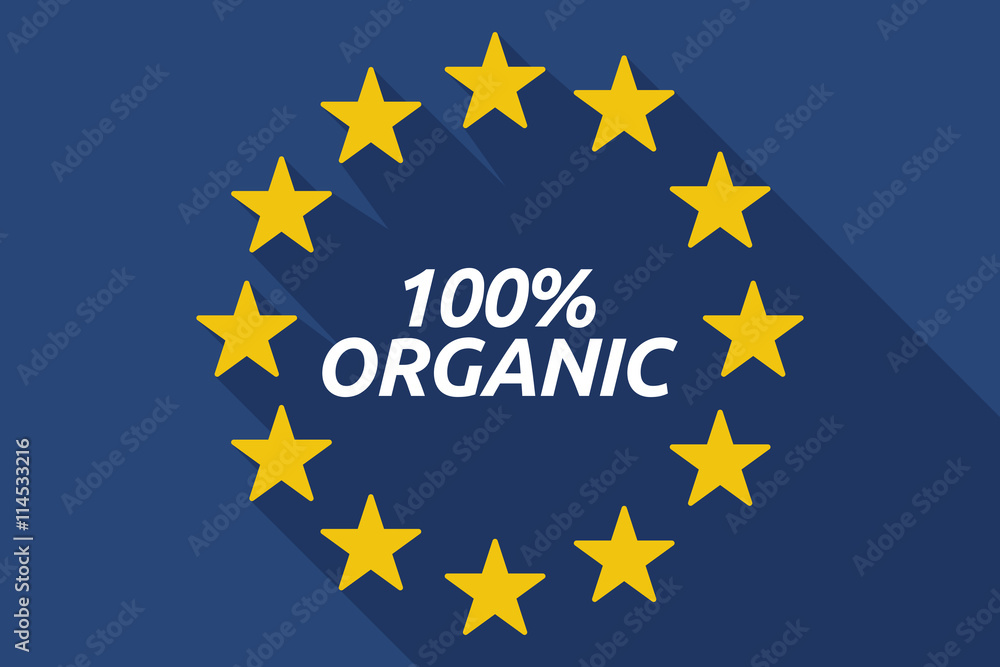 Long shadow European Union flag with    the text 100% ORGANIC