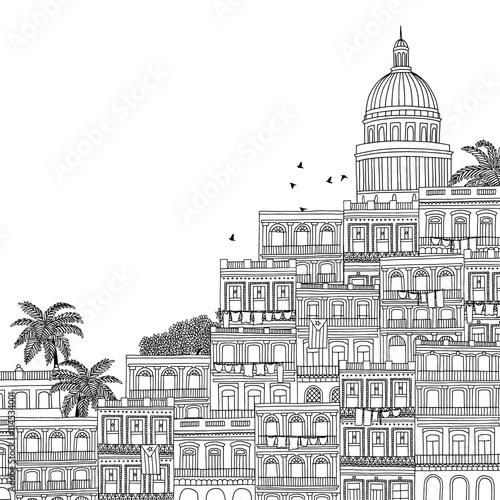 Havana, Cuba - hand drawn black and white illustration