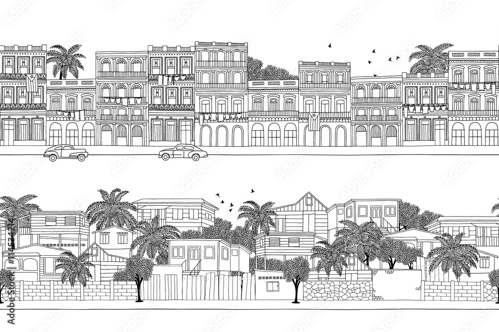 Two hand drawn seamless banners with Caribbean homes - Cuban houses and a little village in Trinidad & Tobago
