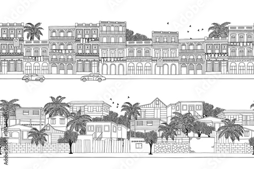 Two hand drawn seamless banners with Caribbean homes - Cuban houses and a little village in Trinidad & Tobago