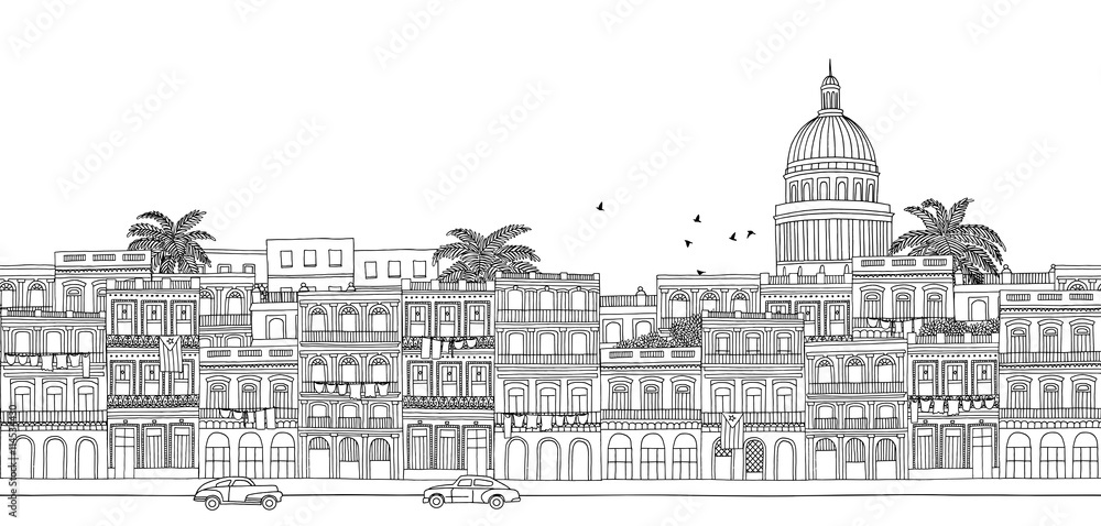 Havana, Cuba - seamless banner of Havana's skyline, hand drawn black and white illustration