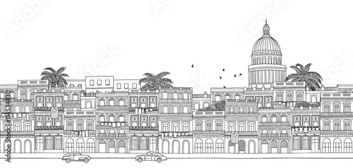 Havana, Cuba - seamless banner of Havana's skyline, hand drawn black and white illustration