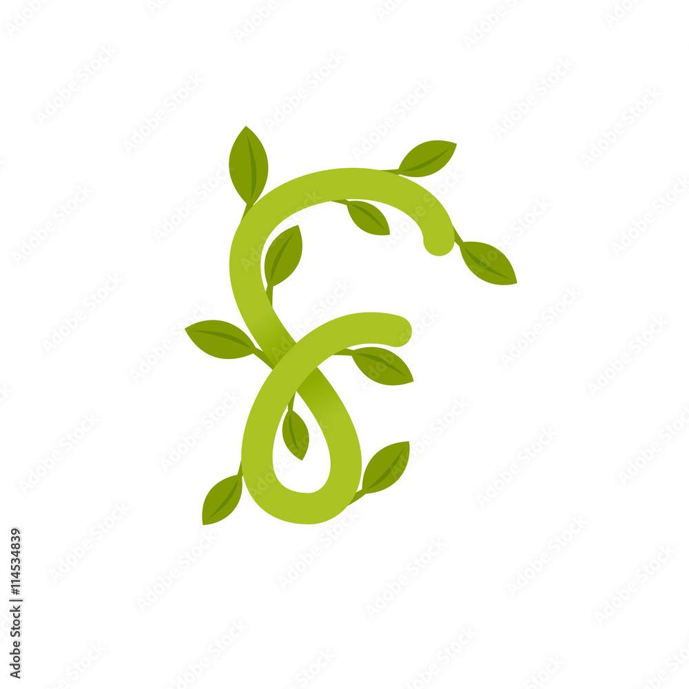 Letter F logo with green leaves. Letter F logo with green leaves.