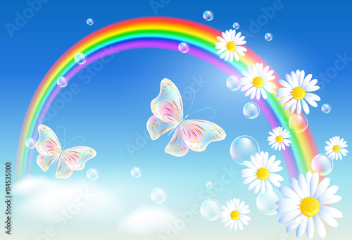 Rainbow  with magic butterflies and diasy