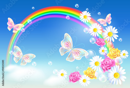 Rainbow  with magic butterflies and diasy