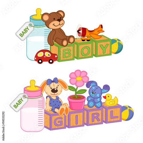 toys and accessories for baby with blocks - vector illustration, eps