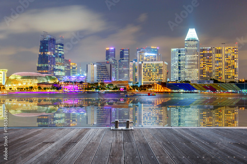 Photography Reflection Building in Singapore at night view of Marina Bay