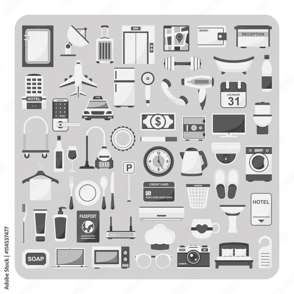 Vector of flat icons, Hotel set on isolated background Vector of flat icons, Hotel set on isolated background